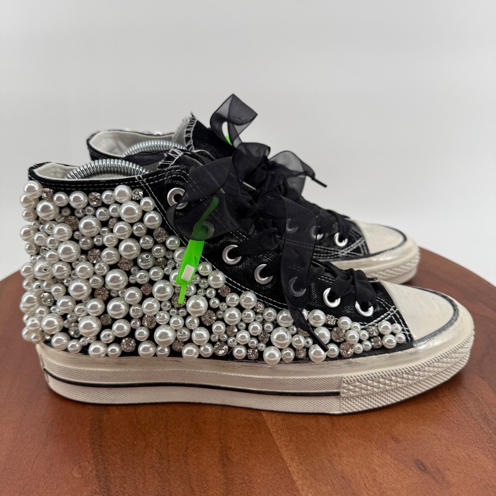 Nan-Ku Couture Pearl Rhinestone Embellished High Top Sneakers Black Womens 39
